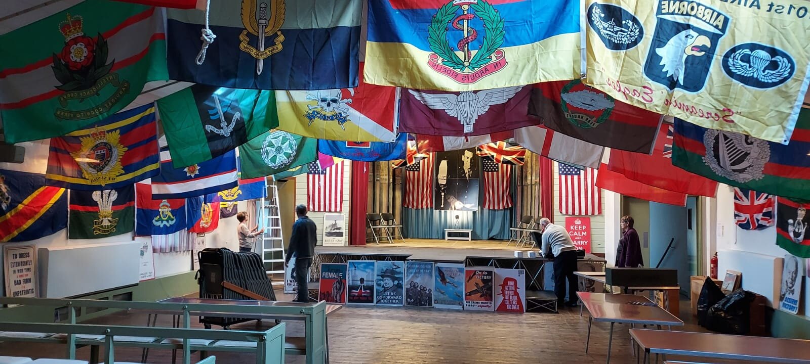 Second World War flags displayed across Kings Cliffe Memorial Hall
